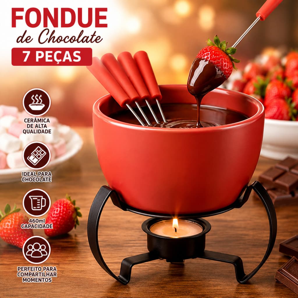 Aparelho de Fondue 7 Peças Em Ceramica com Garfinhos e Rechaud Queimador Para Queijo e Chocolate