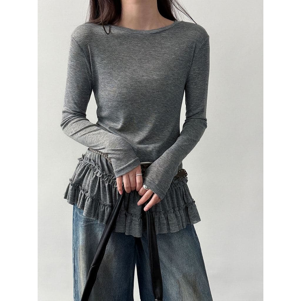 Estilo fino fungo borda costura manga comprida camiseta feminina boa aparência High-End camisa de fundo verão requintado