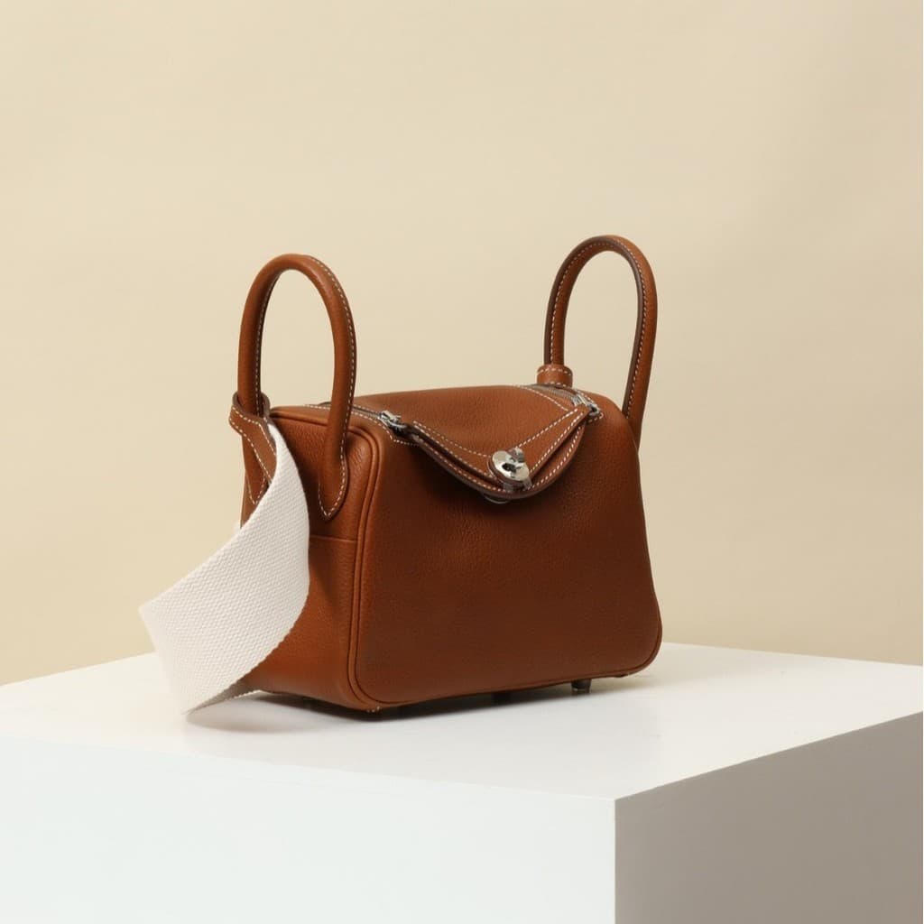 Totalmente costurado à mão mini Lindi saco 19 francês Original fábrica Fu BMW couro ouro marrom portátil bolsa mensageir