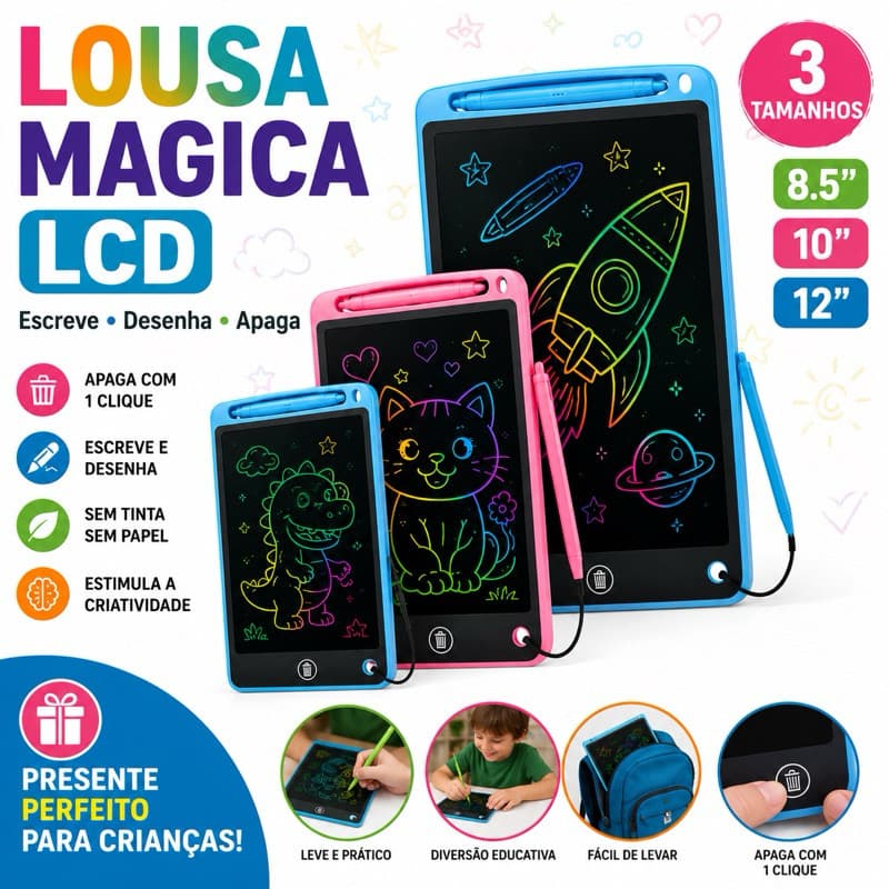 Tablet Lousa Magica Infantil Colorida - Quadro Desenho LCD Presente Crianca 8.5 10.5 12 Polegadas Apaga