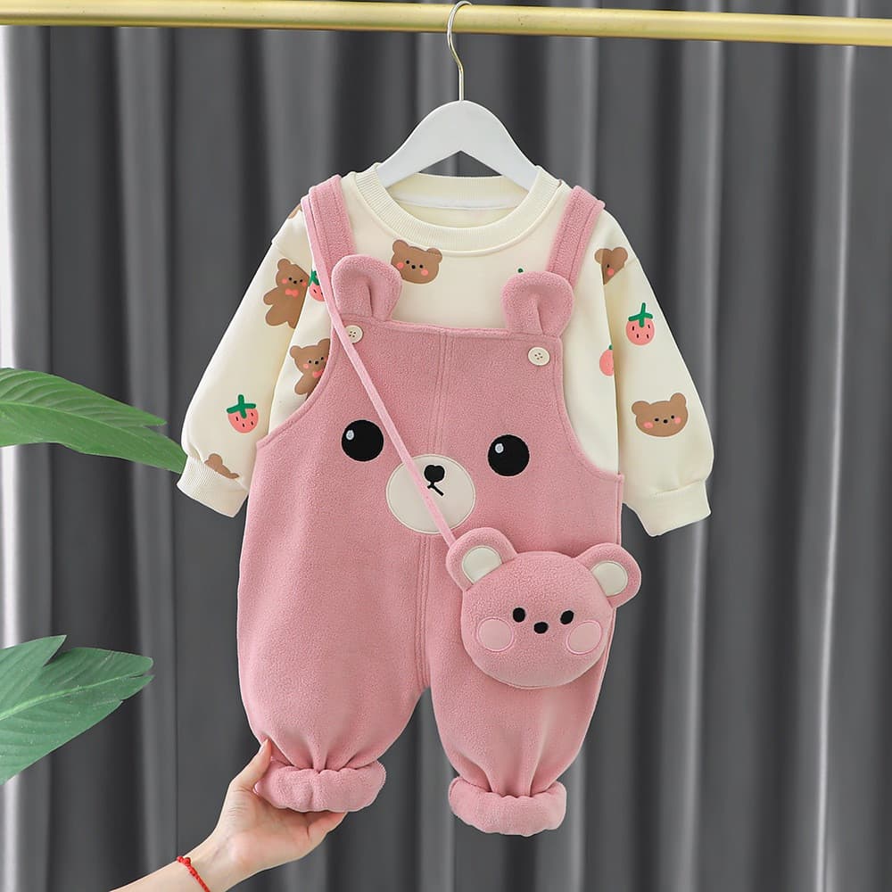 Roupa Infantil de Outono Inverno para Menina, Conjunto Fofo com Estampa, Pulôver Forrado de Lã + Macacão Quente para Cri