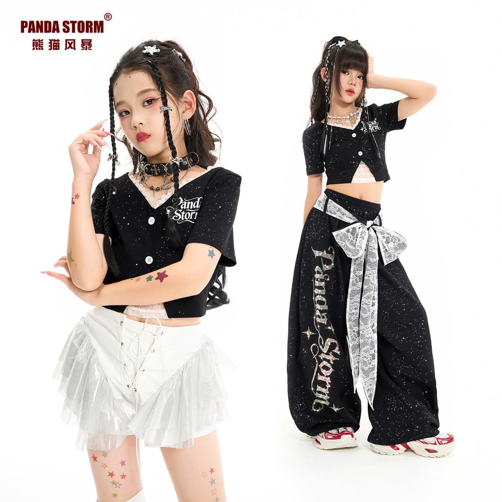 Meninas Jazz dança rendas de manga curta camiseta diamante brilhante calças soltas crianças dança de rua passarela desem