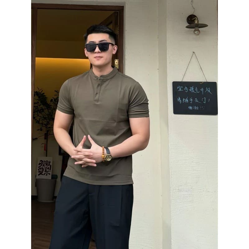 Verão estilo americano rufião bonito High-End Henry colarinho camisa polo masculina respirável fino de manga curta camis