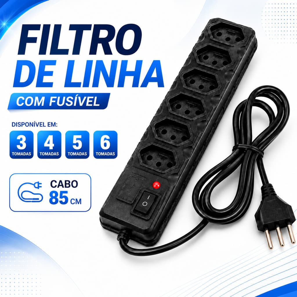 Filtro de Linha Elétrico 3, 4, 5 e 6 Tomadas Tripolar 10A Resistente com Fusível de Proteção