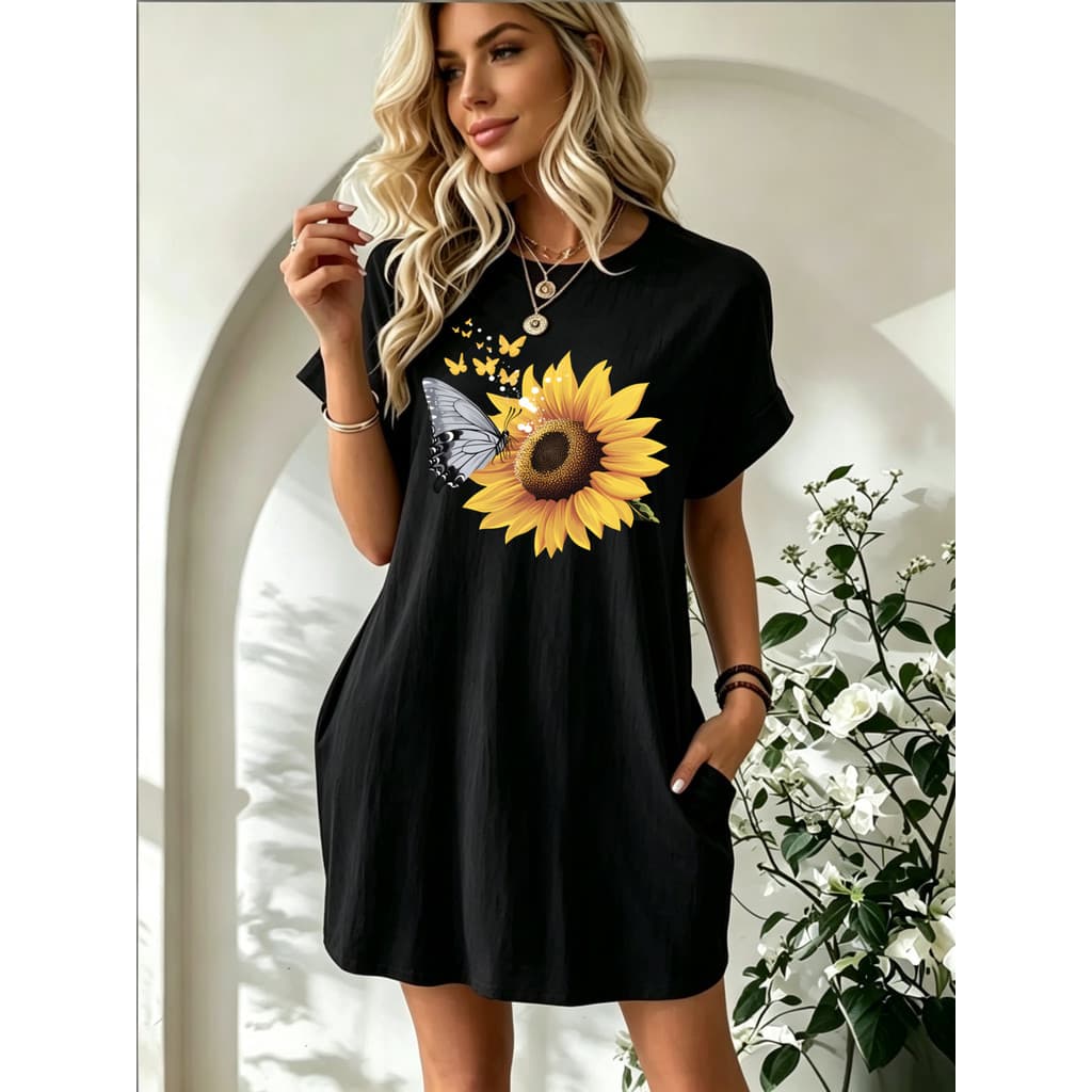 Vestido tipo camiseta de algodão 100% com estampa de girassóis e borboletas – modelo folgado e casual para a praia