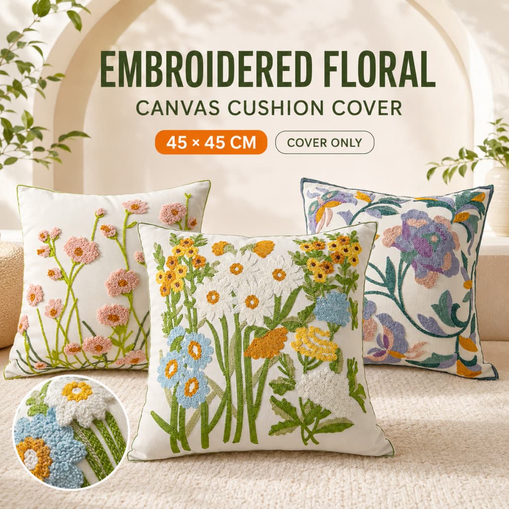 Capa de Almofada Simples com Bordado Floral 45x45cm, Capa de Almofada de Lona para Sofá, Decoração de Sala de Estar, Qua