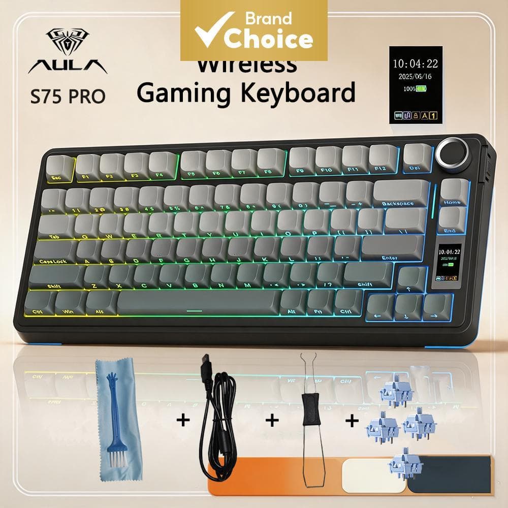 Teclado de Jogos Sem Fio AUAL S75Pro Tri-Modo Wireless/Bluetooth/Com Fio 75% Hot Swappable RGB Retroiluminado com Knob