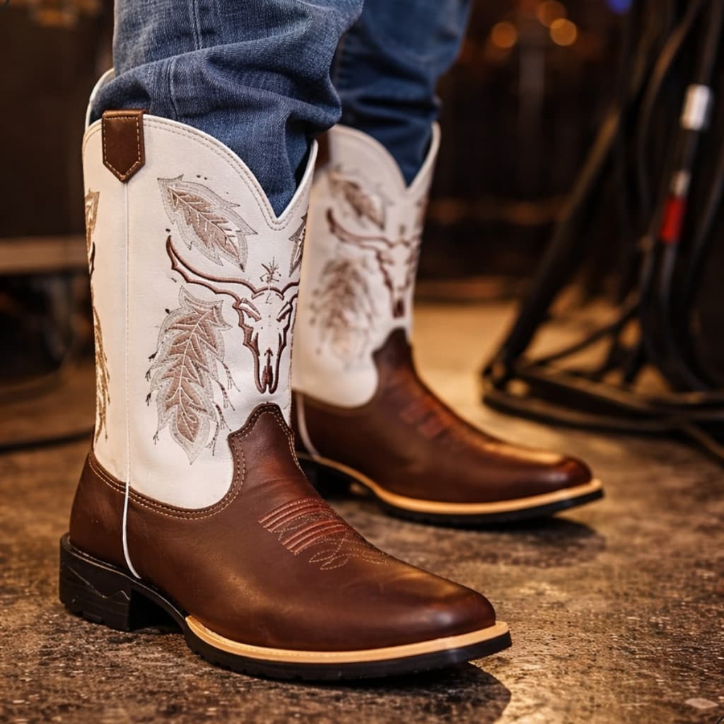 Bota Texana Boi Branco Legítimo Bordado Solado Costurado Estilo Country Confortável