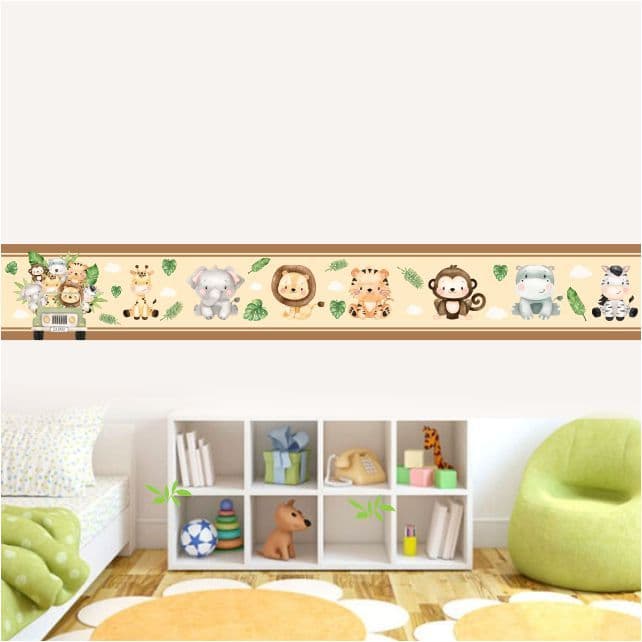 Kit 02 Faixas Decorativas Adesivo De Parede Infanti Safari Floresta Bege - Marrom - FX65KiT2
