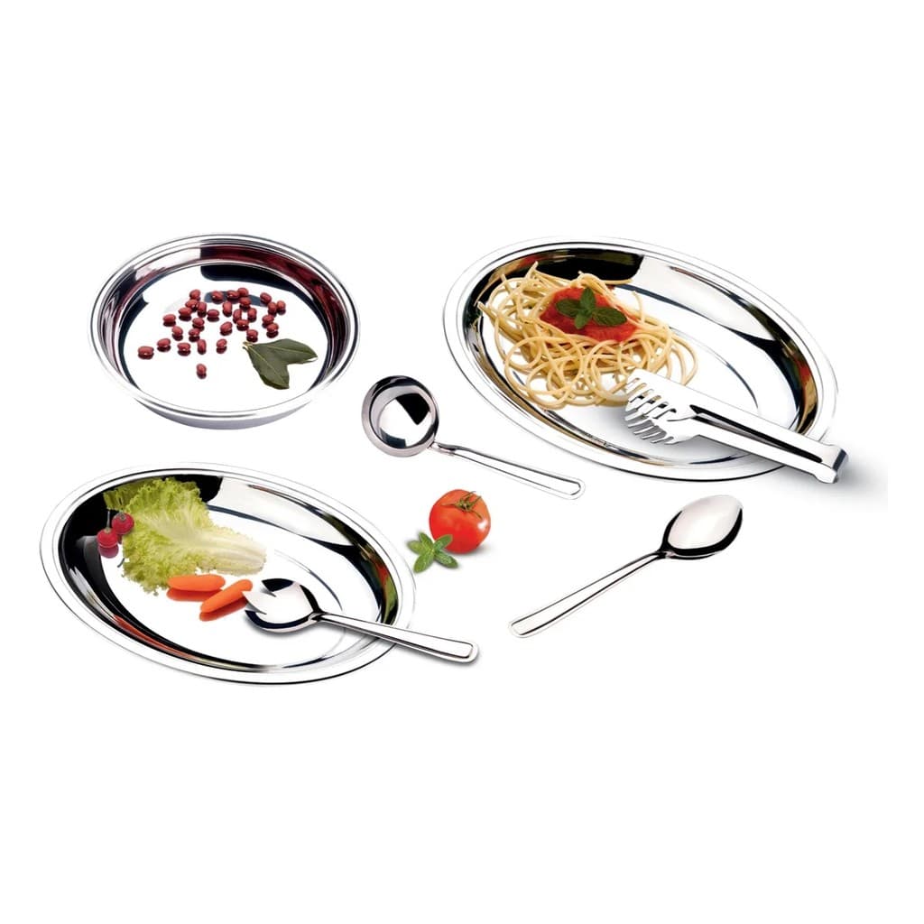 Kit Servir 2 Bandejas Ovais 1 Redonda Concha Pegador Colher Inox