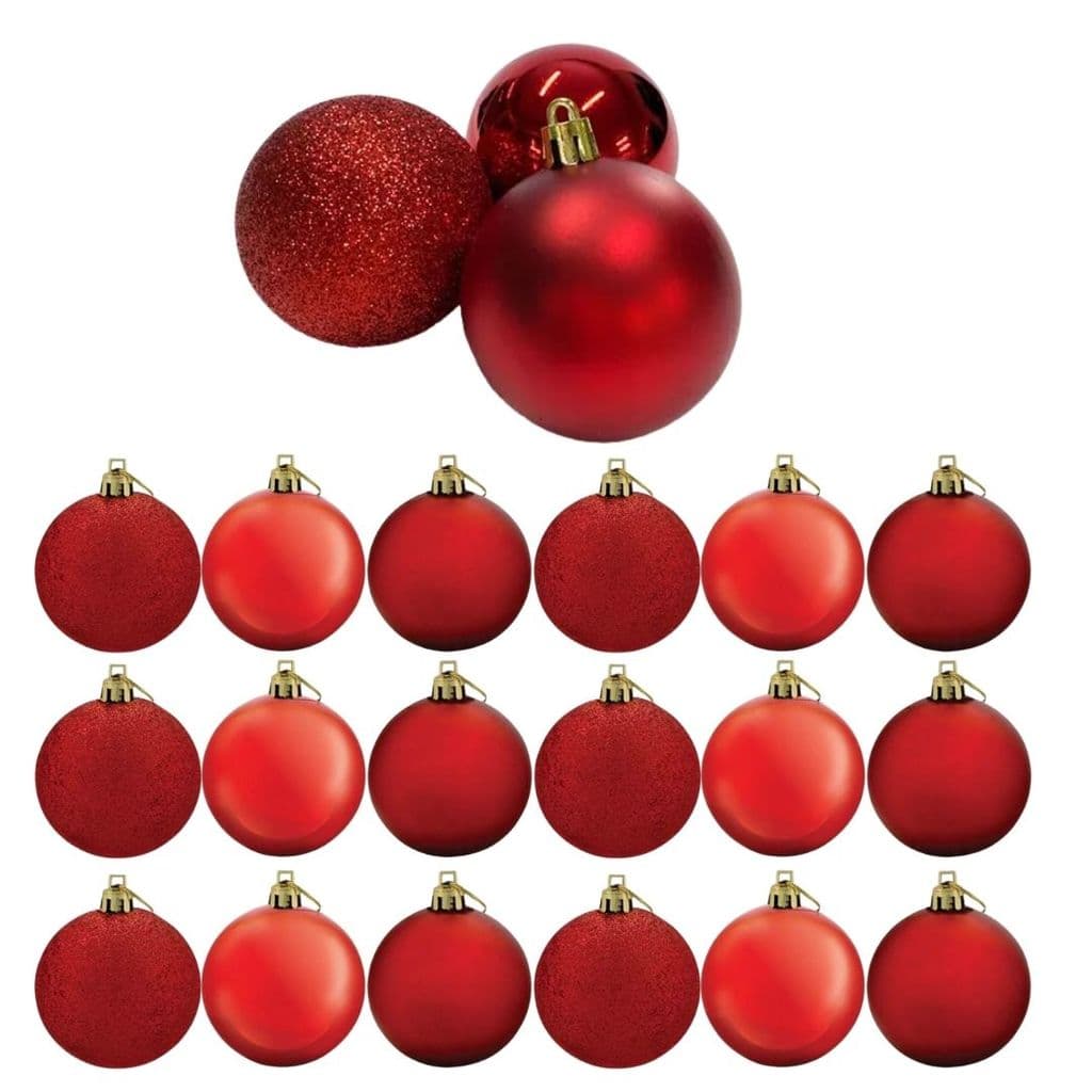 Conjunto 18 Bolas de Natal Vermelho Prime Tradicional Misto Glitter, Brilho e Fosca 6cm