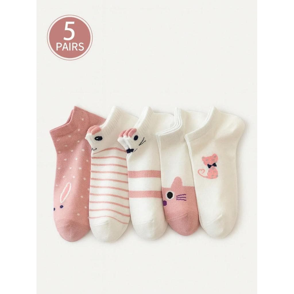5 Pares de Meias Curtas de Gato Rosa para Mulheres - Finas e Respiráveis