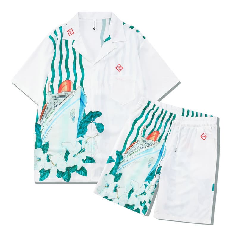 Conjunto De Camisa Masculina Casual De Manga Curta Para Praia Com Estampa Digital Retrô E Shorts Soltos Homens