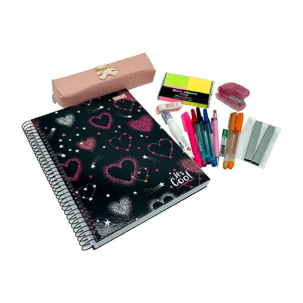 Kit Conjunto Escola Caderno Coração Canetas Estojo Post-it