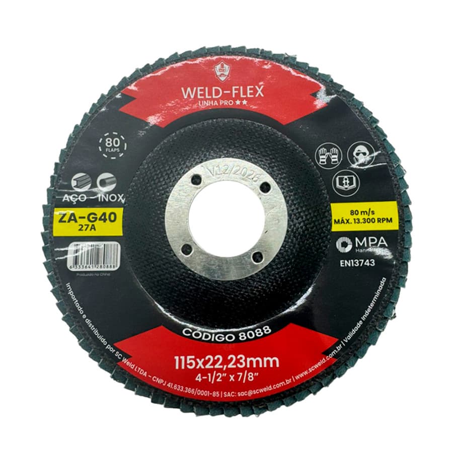 Disco Flap de Fibra Cônico 4.12" Grão 40 115 x 22,23mm SC Weld PRO 8088