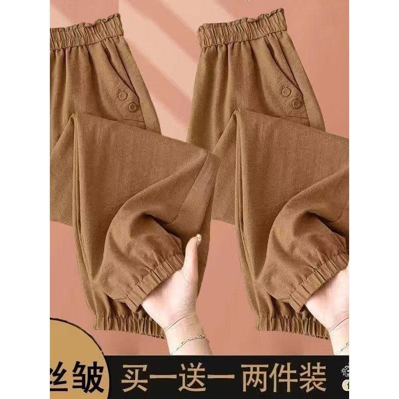 Estilo fino gelo seda algodão linho Harem calças femininas verão novo estilo elástico cintura alta solta mais magro olha