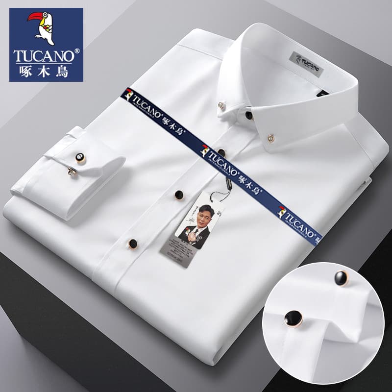 Woodpecker camisa masculina de manga comprida botão diamante decoração de seda gelo masculino de meia-idade juventude ne