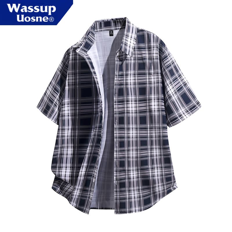 WASSUP Camisa xadrez legal de seda gelada masculina manga curta lapela solta Casual estilo havaiano camisa cardigã