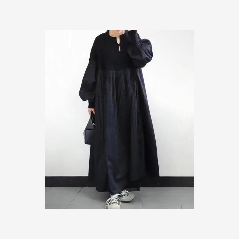 2023 estilo japonês cor sólida outono novo estilo plissado diamante verificação camisola costura solta vestido longo fem
