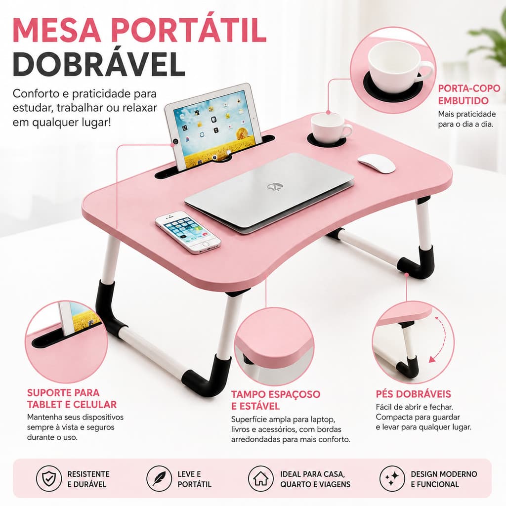 Mesa Dobrável Rosa para Notebook Cama Estudo Portátil com Porta Copo Suporte Celular Quarto