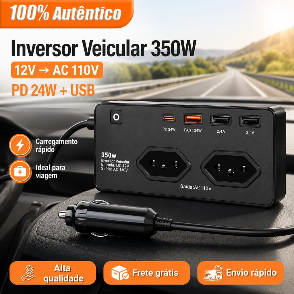 350w Inversor Conversor Veicular 12v/24v Para 110v/220v Tomada + 4 Usb 5v 1.2a