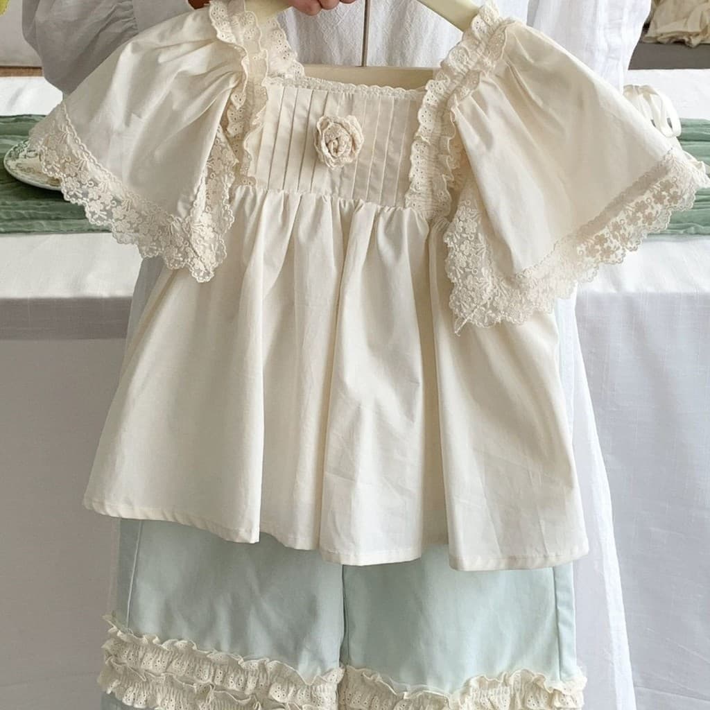 Meninas verão estilo coreano flor renda camisa do bebê calças de perna larga terno estilo da menina do bebê
