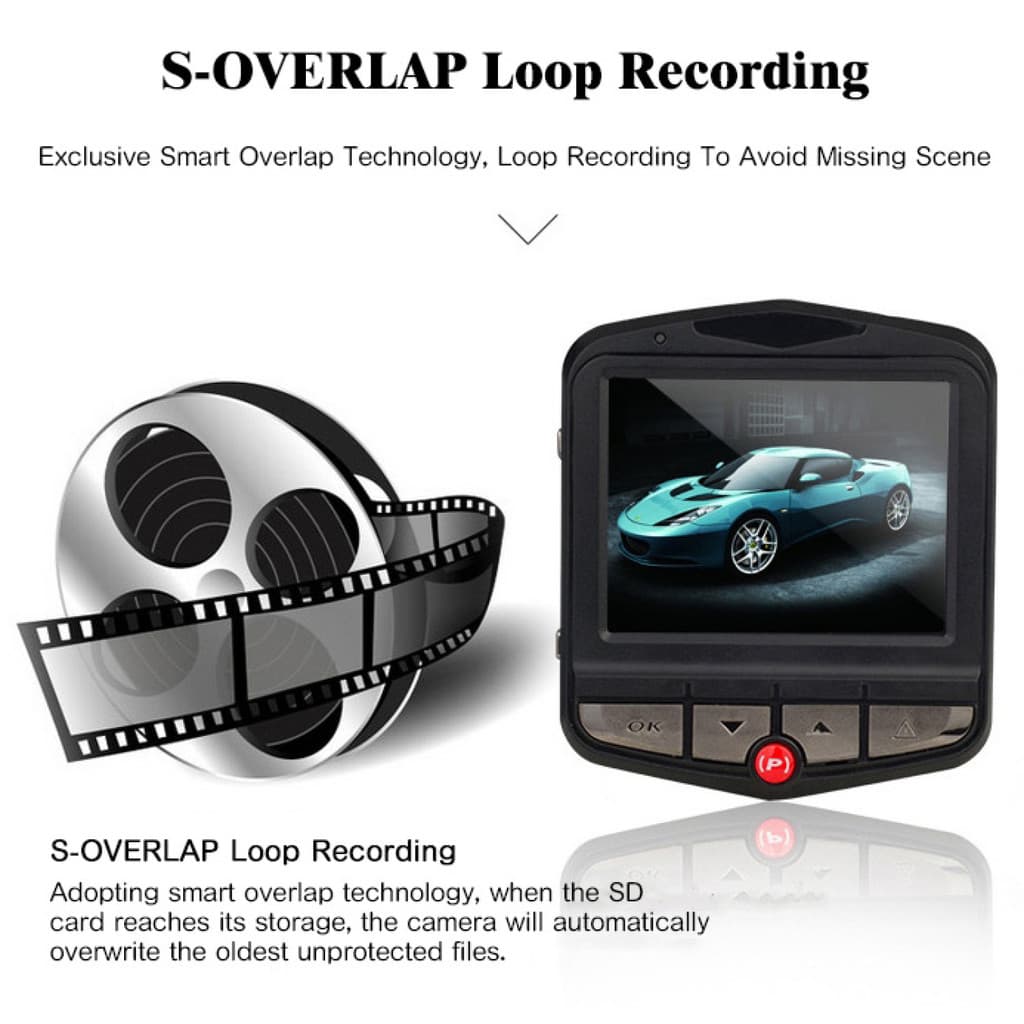Câmera veicular compacta com duas câmeras, câmera de ré e suporte com ventosa para gravação em loop.