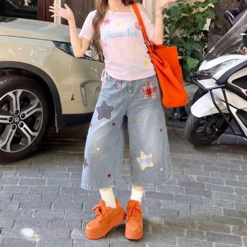 Star Patch Costura Bordado Perna Larga Jeans Cropped Solto All-Ma