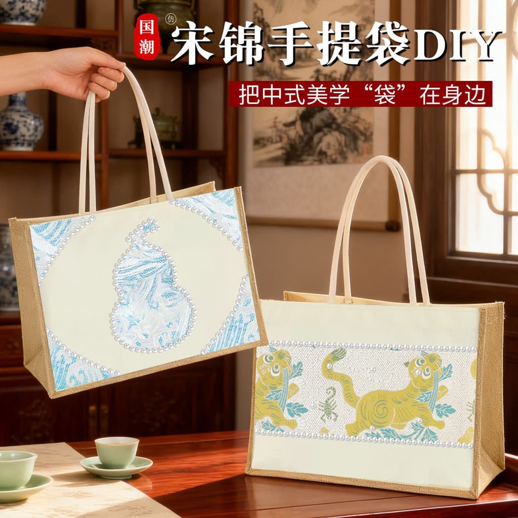 Bolsa para o Dia das Mães, bolsa de lona brocada feita à mão, materiais para DIY, bolsa de brocado com pérolas, adequada