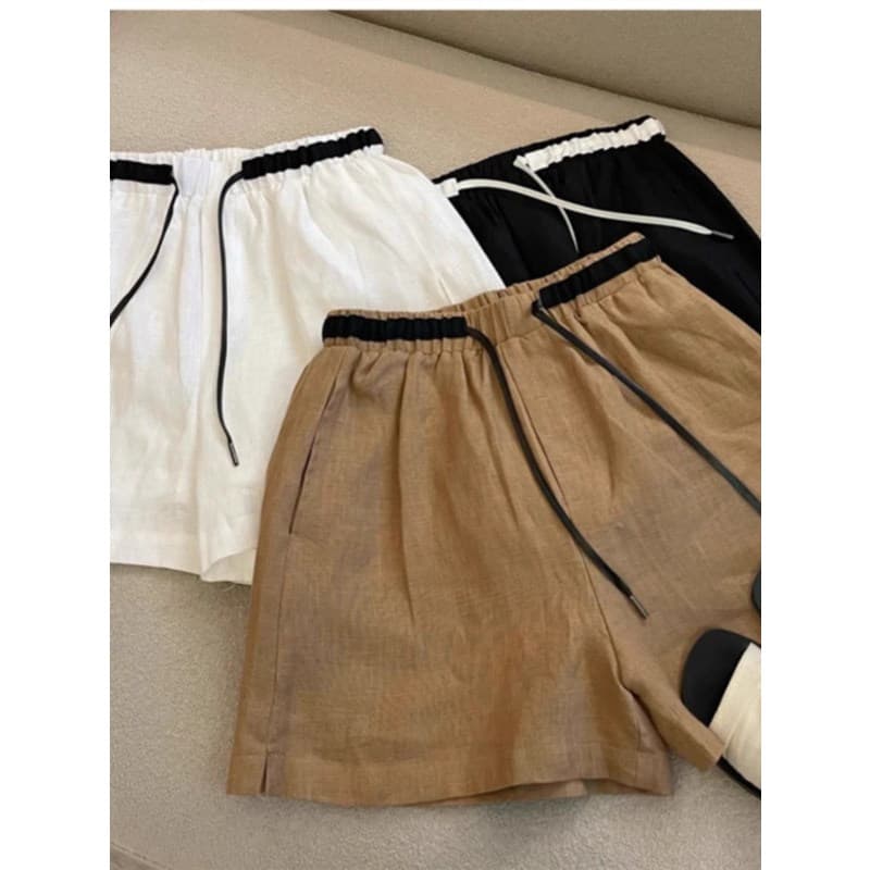 End Qinghe ~ Contraste Cor Cintura Alta Lace-Up Shorts de Linho Feminino Pequeno Fino Casual Algodão Linho A-Line Calças