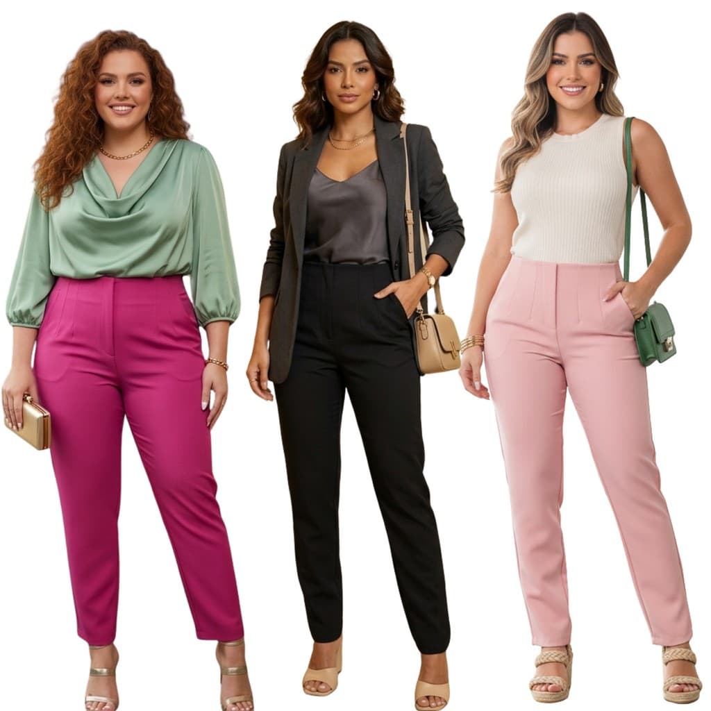 KIT 3 Calças Social Alfaiataria Feminina Preto E Verde Zíper Lateral - Roupas com atitude