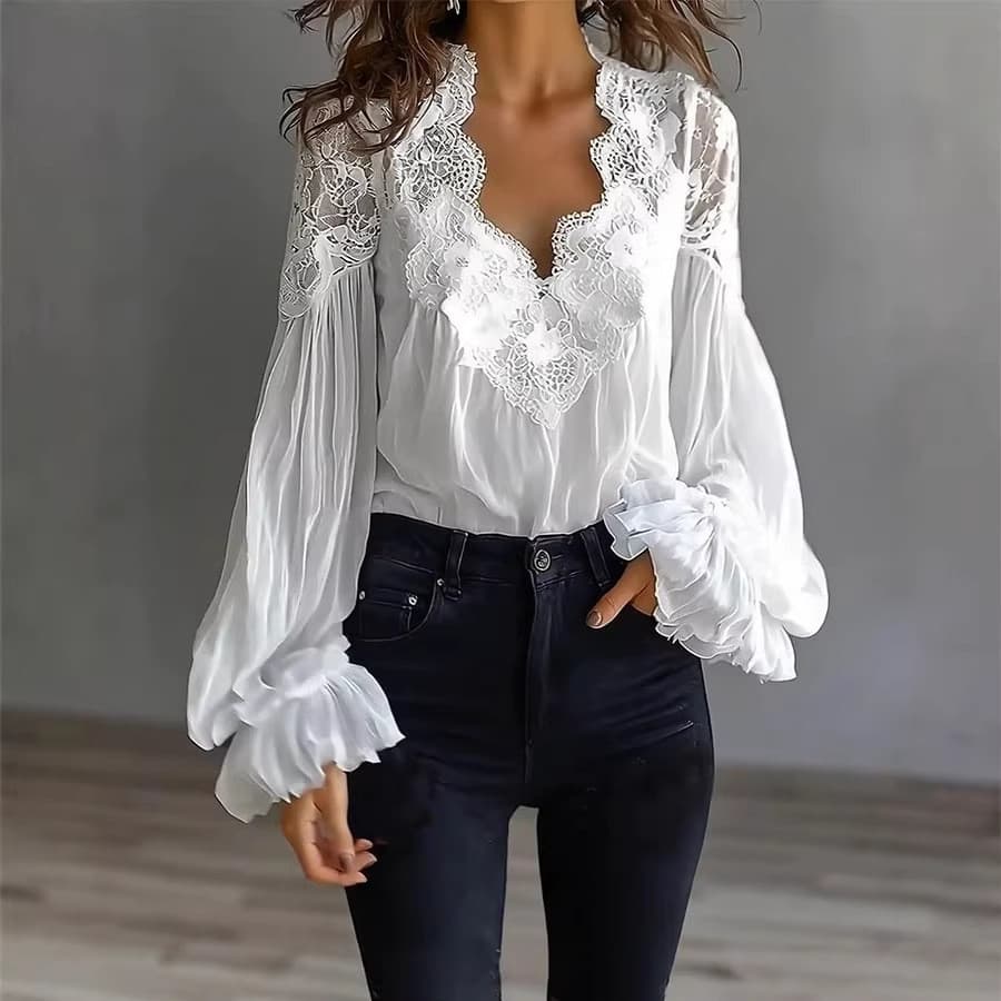 Camisa Feminina Plissada Com Retalhos De Renda E Manga Bufante