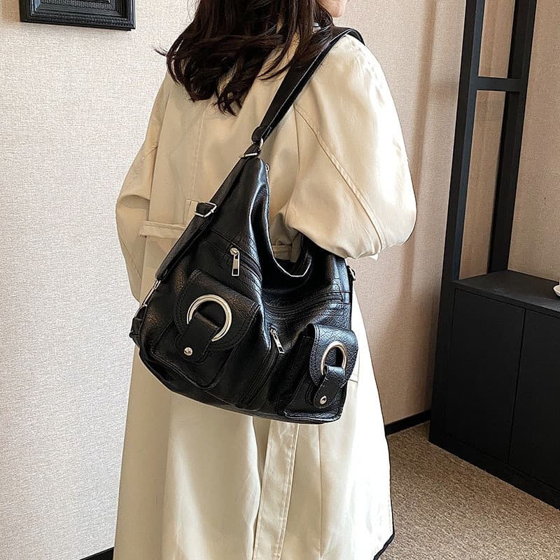 Bolsa feminina de couro macio para ombro e transversal em 2 estilos, mochila de moda coreana, formato amplo que acomoda