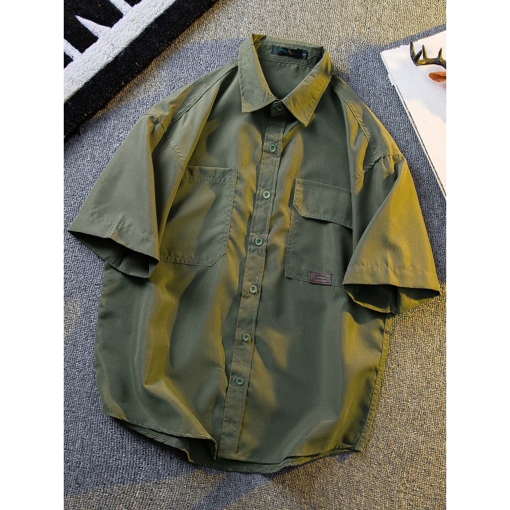 HPCP Japonês Retro Cor Sólida Lapela Camisa Geral Homens Verão Estilo Fino Na Moda Ruffian Bonito Casual Camisa de Meia