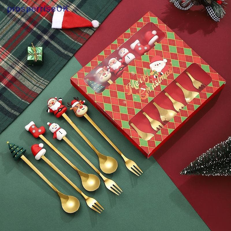 [newpros] Conjunto De Garfo E Colher De Natal , Talheres Para Caixa De Presente De Aço Inoxidável , Café , Chá Sobremesa