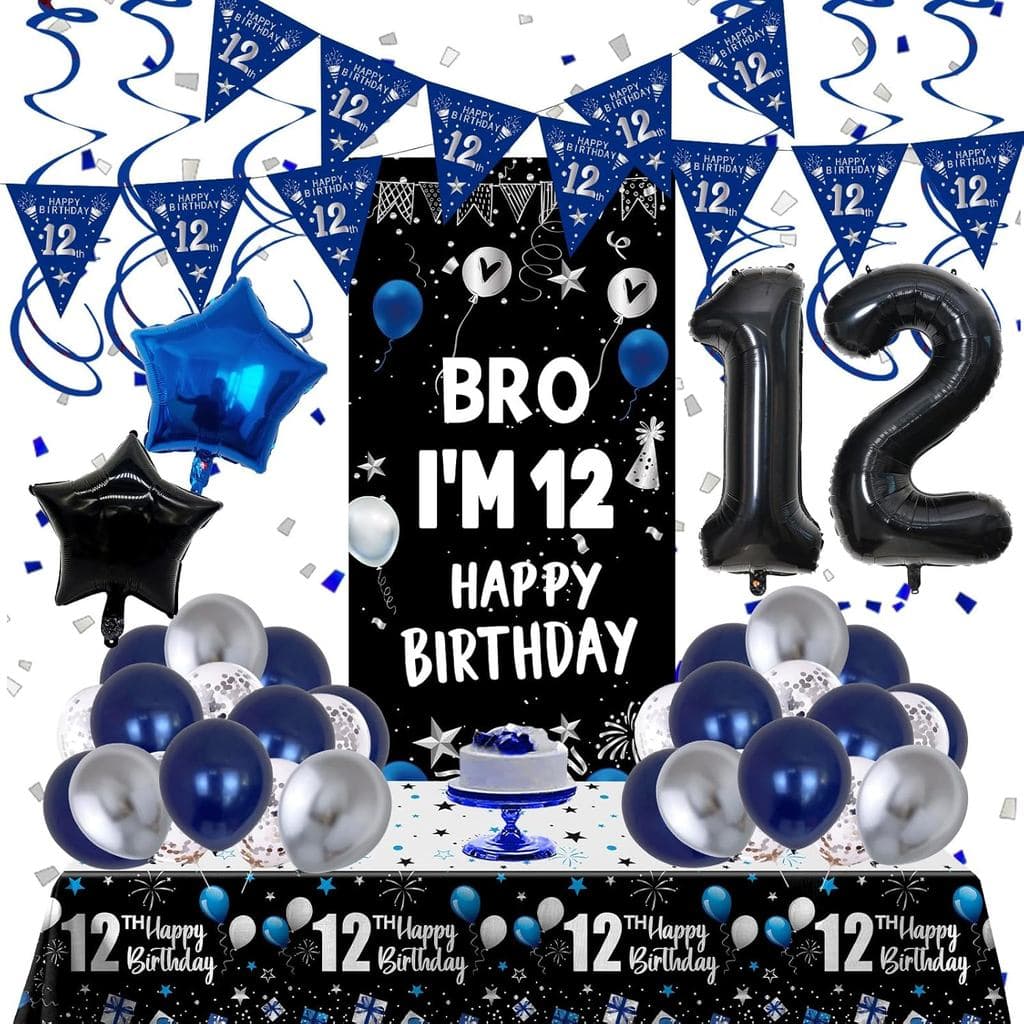 12th Birthday Decorations for Boys, Blue Black 12 Year Old Boy Birthday Decorations with Happy 12th Birthday Banner Back