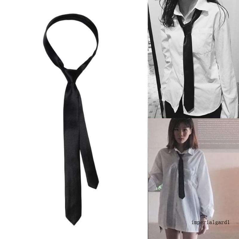 Imp Cor Sólida Gravata Formal Preto Gravatas Cetim Feminino Lenço Magro Longa JK Uniforme
