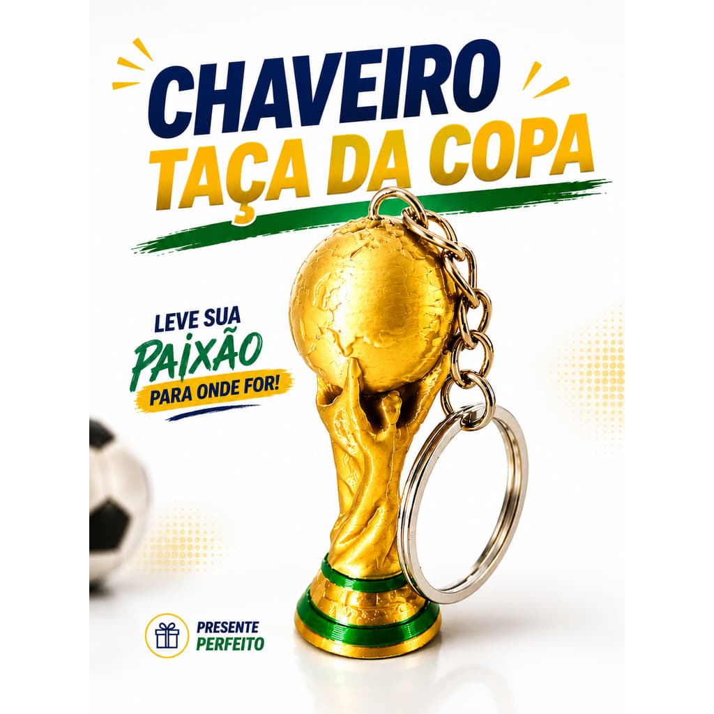 Chaveiro Copa do Mundo 2026 Brasil Bola Futebol Taça Troféu Verde Amarelo Colecionável