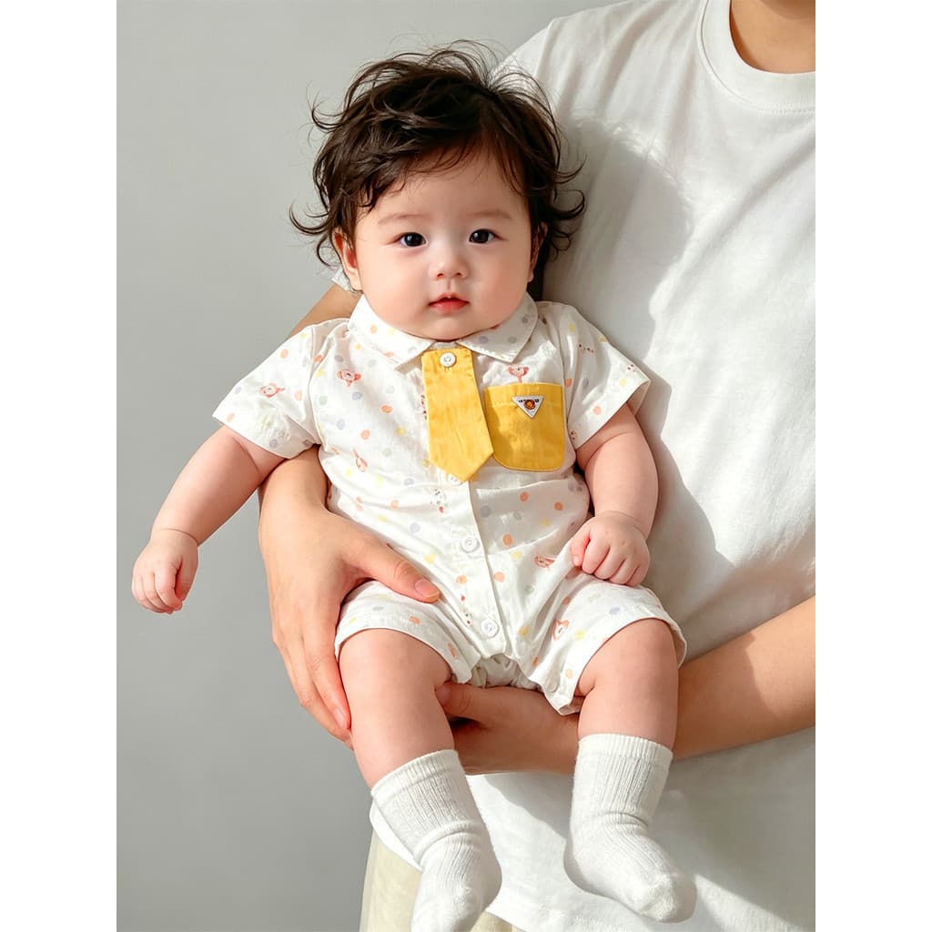Menino bebê verão macacão de manga curta gravata macacão roupas de bebê verão estilo fino macacão de bebê meia manga ext