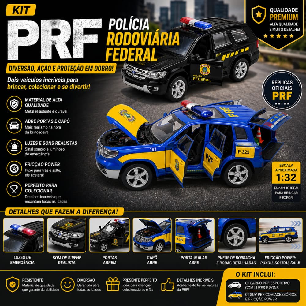 Carrinhos Polícia Rodoviária Federal PRF Metal Luz Som Fricção Portas Capô Porta-Malas Abrem Infantil