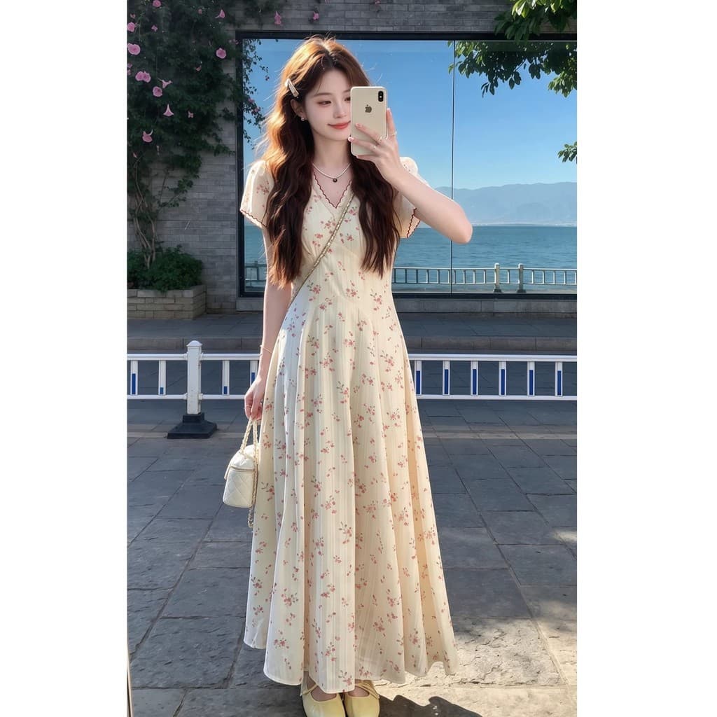 Suave estilo doce vestido Floral francês feminino verão novo estilo Super bonito elegante pequeno vestido longo de alta