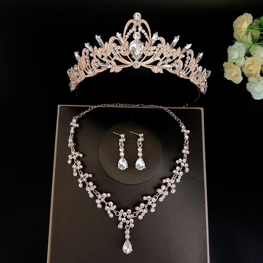 Acessórios de Cabelo para Casamento GJFP, Conjunto de Joias com Colar de Cristal, Brincos e Coroa de Princesa
