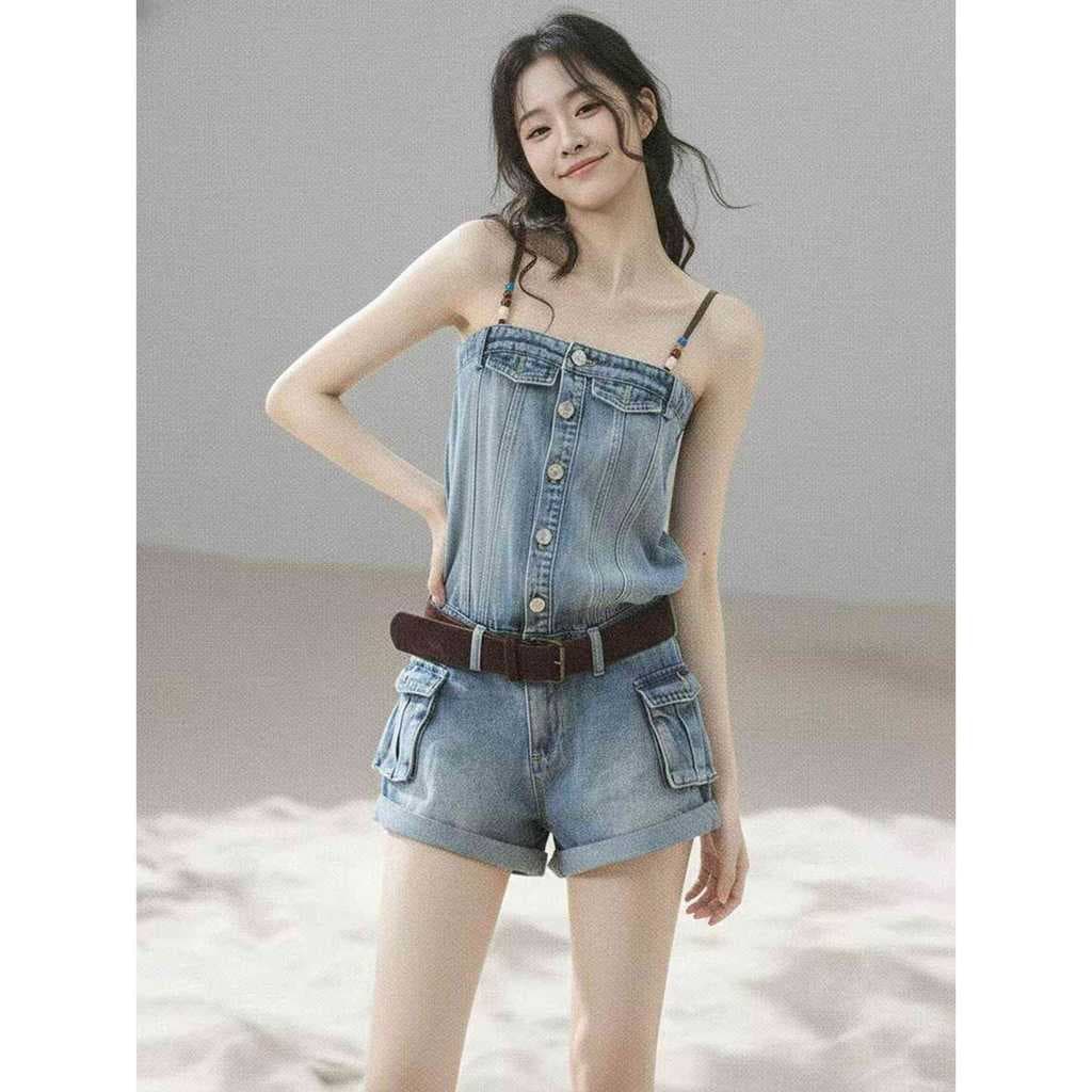 Americano quente estilo menina Denim macacão feminino pequeno verão cintura alta macacão Shorts Design sentido Suspender