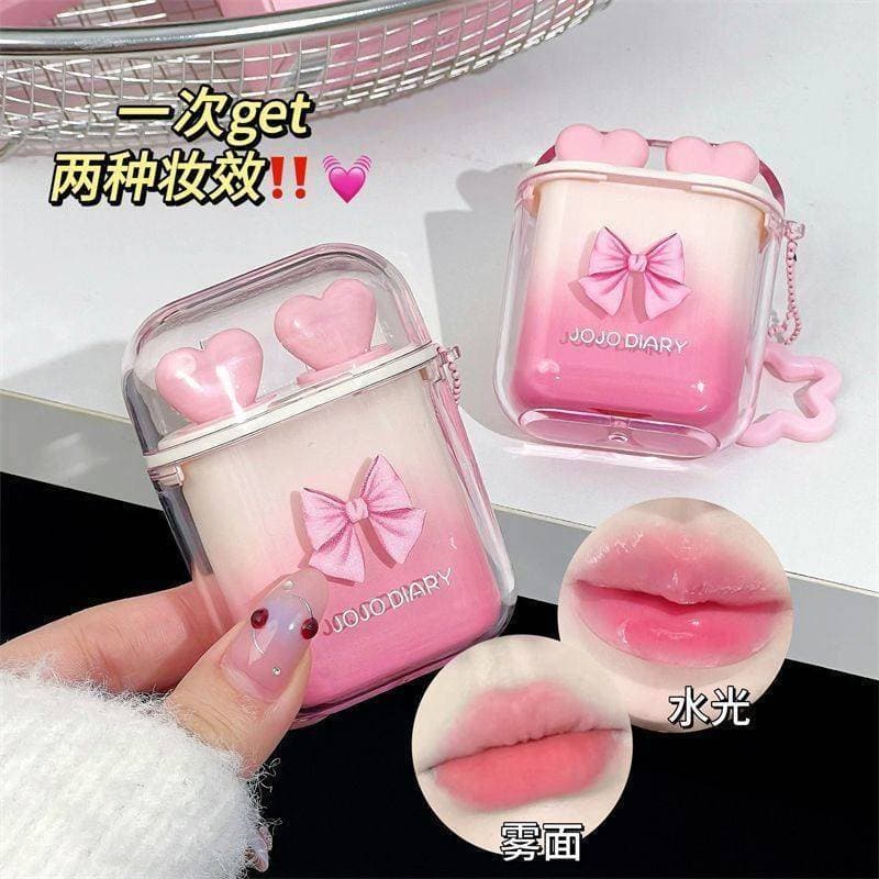 Autêntico estilo coreano brilho de água espelho fosco duplo-spell fone de ouvido lábio esmalte combinação segurar maquia