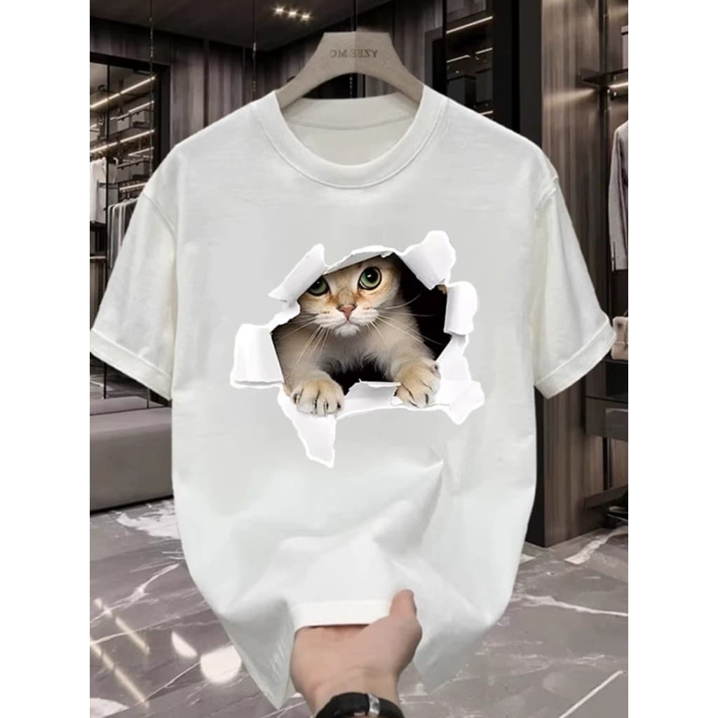 Camiseta de manga curta de algodão pesado com estampa de gato fofo em torno do pescoço masculino feminino solto tamanho