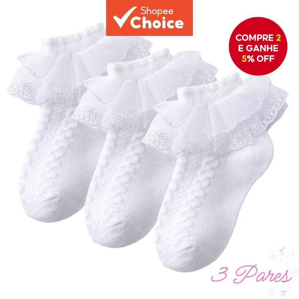 Para Meninas 3 Pares De Meias Brancas De Renda Crianças Malha Bolha Macia Corte Baixo