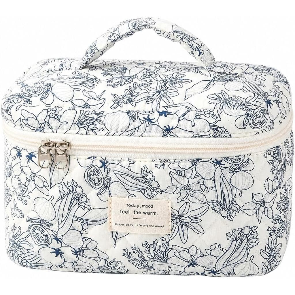 Bolsa de Maquiagem Grande para Viagem para Mulheres, Bolsa de Cosméticos de Algodão Floral com Compartimentos – Organiza