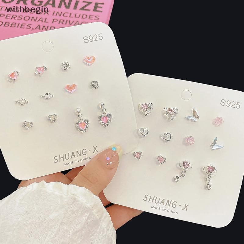 WIT 1 Conjunto Coreia Bonito Rosa Cristal Coração Pequenos Brincos Doce Legal Amor Zircão Orelha Studs Estéticos Menina