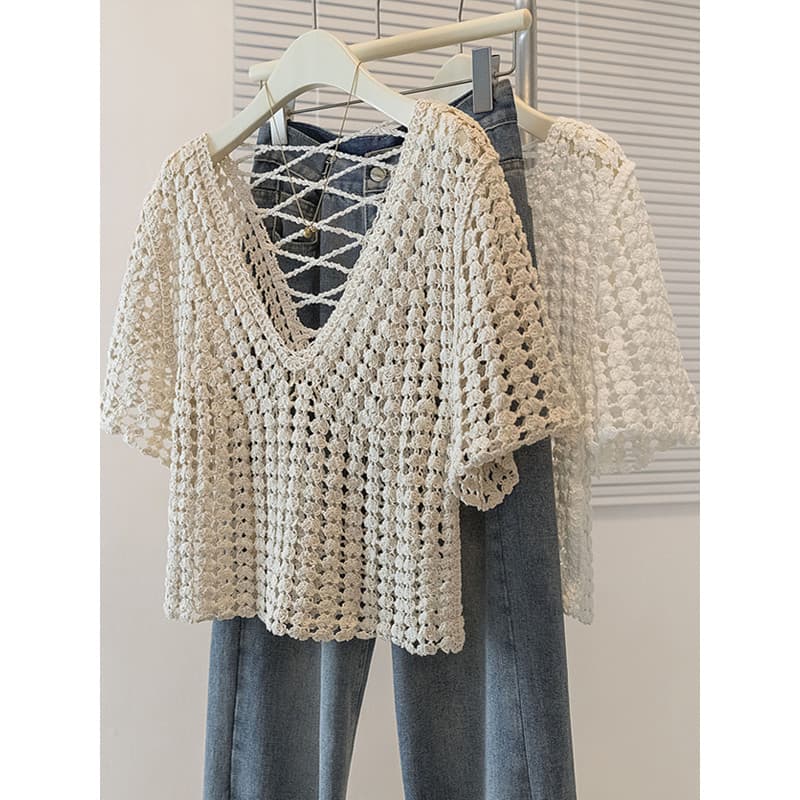 Plus Size roupas femininas gordura mm único oco manga curta renda topo 2026 verão novo estilo solto capa barriga pequena