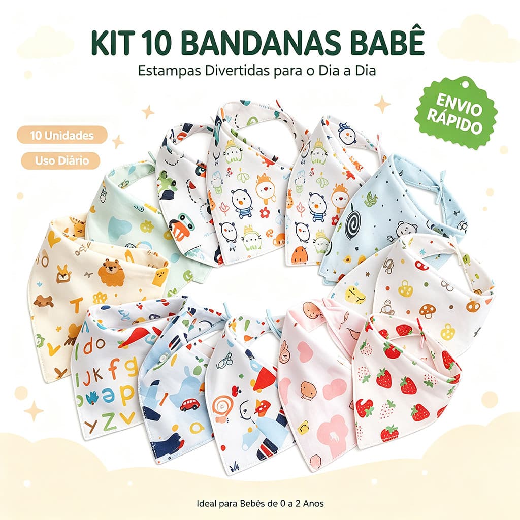Kit 10 Bandanas Babê 100% Algodão Macio, Babador Absorvente com Botão Ajustável para Bebê em Fase de Dentição